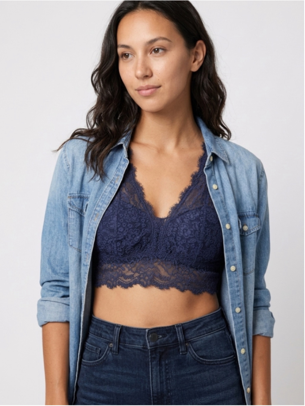 Aerie Real Good Eyelash Lace Padded Plunge Bralette Navy M